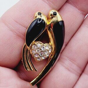 Love Birds Duo Brooch Gold Tone Black Enamel Pave Rhinestone Heart Excellent Con